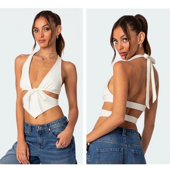 EDIKTED CADY TIE FRONT CUT OUT TOP NWOT SIZE LARGE OFF-WHITE - Picture 1 of 5